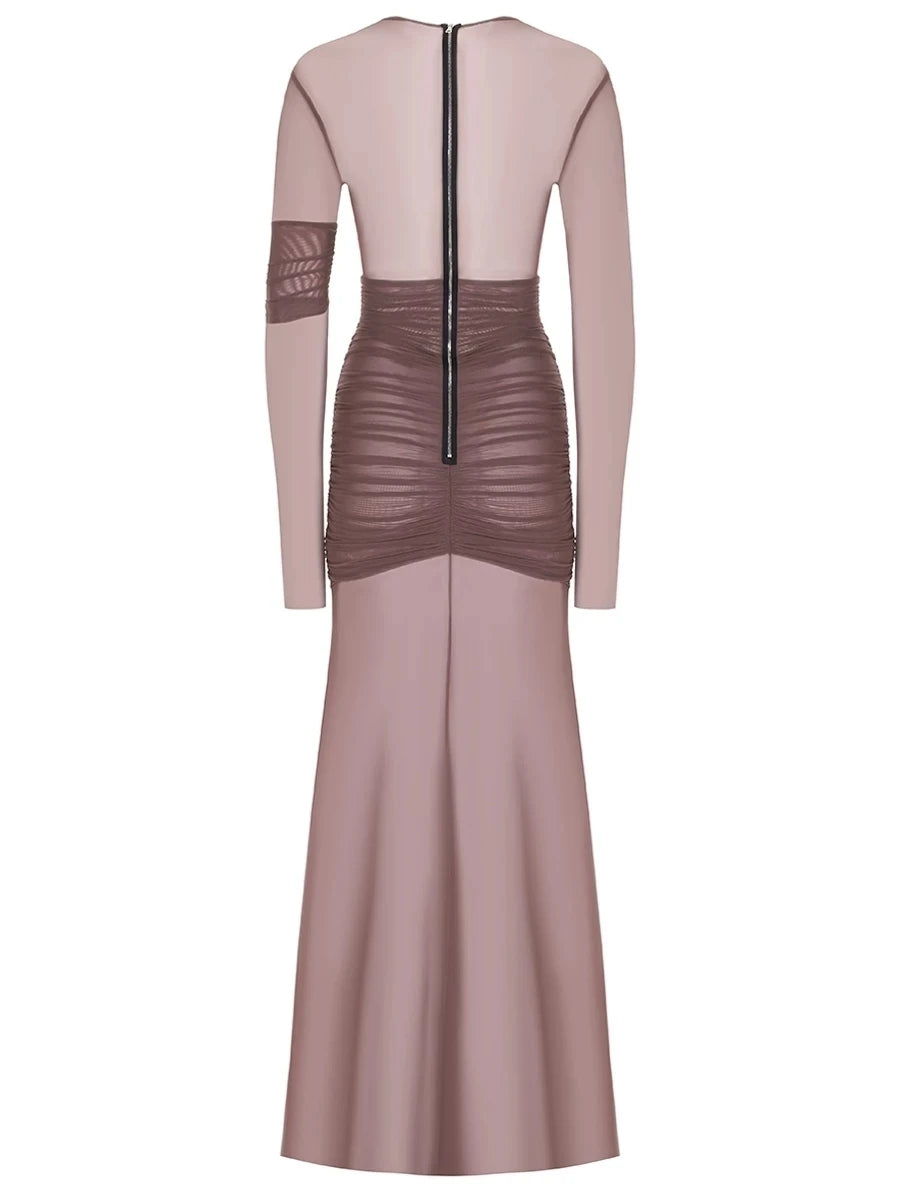 Mesh Patchwork Dress - Elegant Bodycon Evening Gown With Long Sleeves & Double Layer Design - ZOOMNSTORE