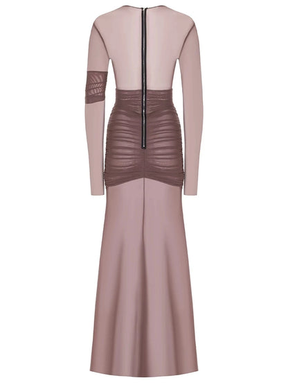 Mesh Patchwork Dress - Elegant Bodycon Evening Gown With Long Sleeves & Double Layer Design - ZOOMNSTORE