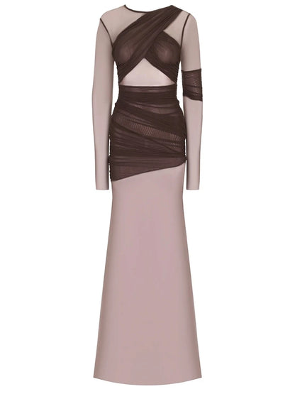 Mesh Patchwork Dress - Elegant Bodycon Evening Gown With Long Sleeves & Double Layer Design - ZOOMNSTORE