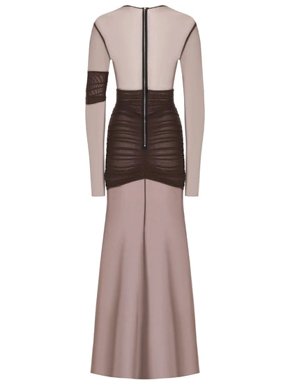 Mesh Patchwork Dress - Elegant Bodycon Evening Gown With Long Sleeves & Double Layer Design - ZOOMNSTORE