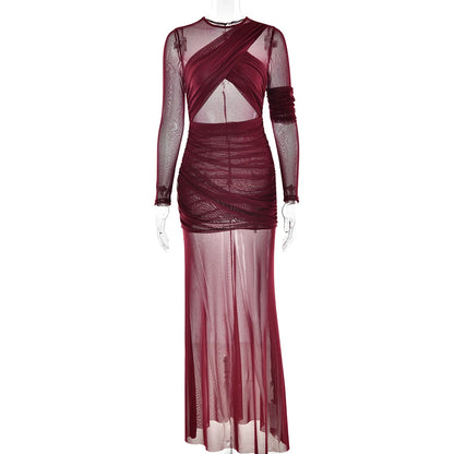 Mesh Patchwork Dress - Elegant Bodycon Evening Gown With Long Sleeves & Double Layer Design - ZOOMNSTORE