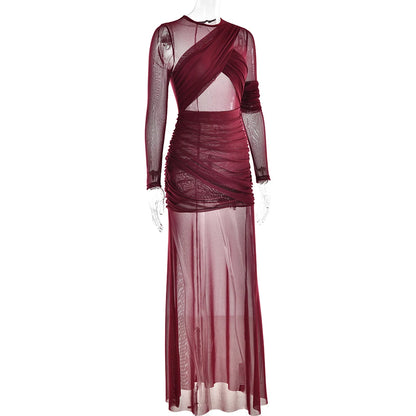 Mesh Patchwork Dress - Elegant Bodycon Evening Gown With Long Sleeves & Double Layer Design - ZOOMNSTORE