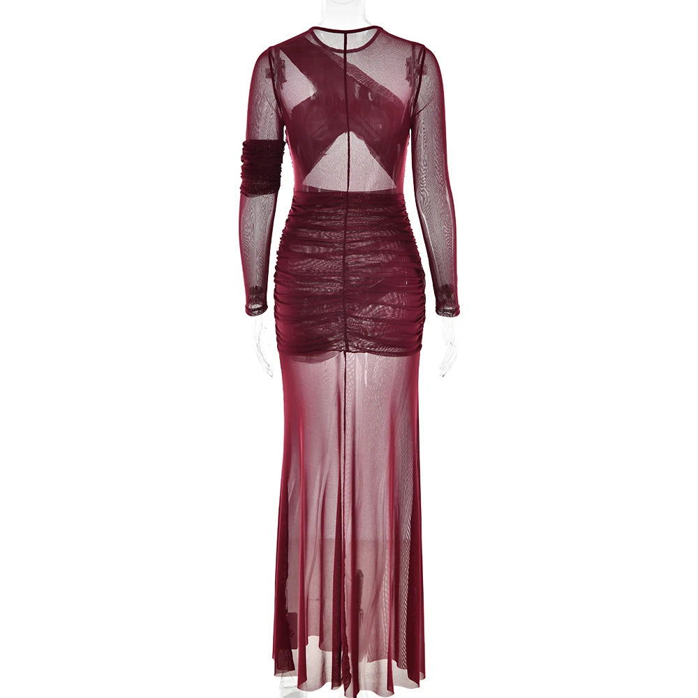 Mesh Patchwork Dress - Elegant Bodycon Evening Gown With Long Sleeves & Double Layer Design - ZOOMNSTORE