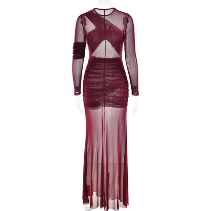 Mesh Patchwork Dress - Elegant Bodycon Evening Gown With Long Sleeves & Double Layer Design - ZOOMNSTORE