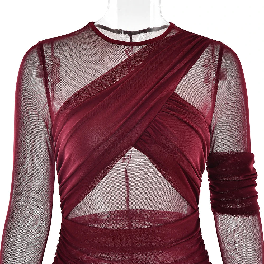 Mesh Patchwork Dress - Elegant Bodycon Evening Gown With Long Sleeves & Double Layer Design - ZOOMNSTORE