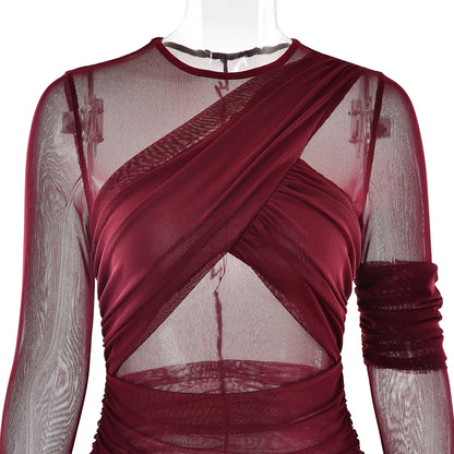Mesh Patchwork Dress - Elegant Bodycon Evening Gown With Long Sleeves & Double Layer Design - ZOOMNSTORE