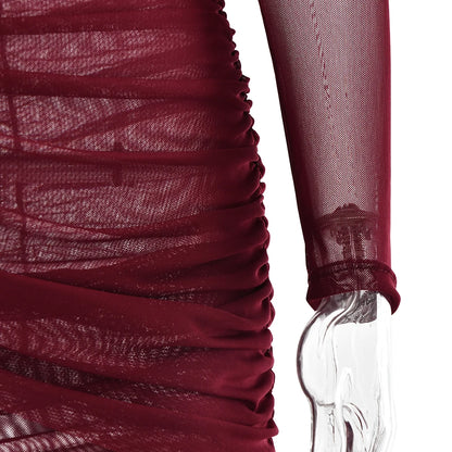 Mesh Patchwork Dress - Elegant Bodycon Evening Gown With Long Sleeves & Double Layer Design - ZOOMNSTORE