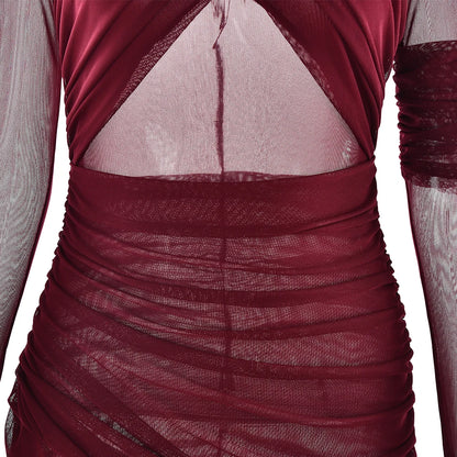 Mesh Patchwork Dress - Elegant Bodycon Evening Gown With Long Sleeves & Double Layer Design - ZOOMNSTORE
