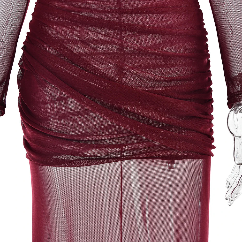 Mesh Patchwork Dress - Elegant Bodycon Evening Gown With Long Sleeves & Double Layer Design - ZOOMNSTORE