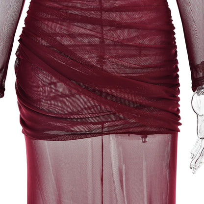 Mesh Patchwork Dress - Elegant Bodycon Evening Gown With Long Sleeves & Double Layer Design - ZOOMNSTORE