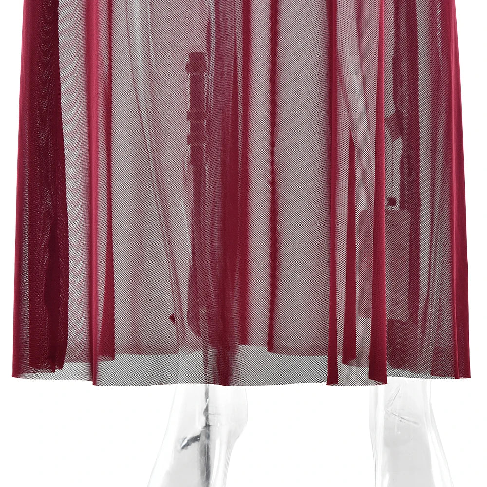 Mesh Patchwork Dress - Elegant Bodycon Evening Gown With Long Sleeves & Double Layer Design - ZOOMNSTORE