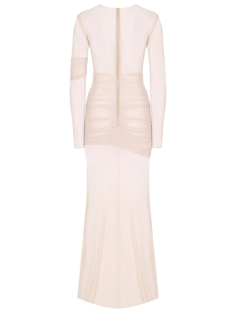 Mesh Patchwork Dress - Elegant Bodycon Evening Gown With Long Sleeves & Double Layer Design - ZOOMNSTORE