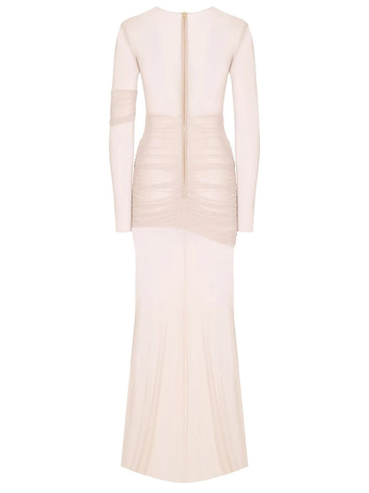 Mesh Patchwork Dress - Elegant Bodycon Evening Gown With Long Sleeves & Double Layer Design - ZOOMNSTORE