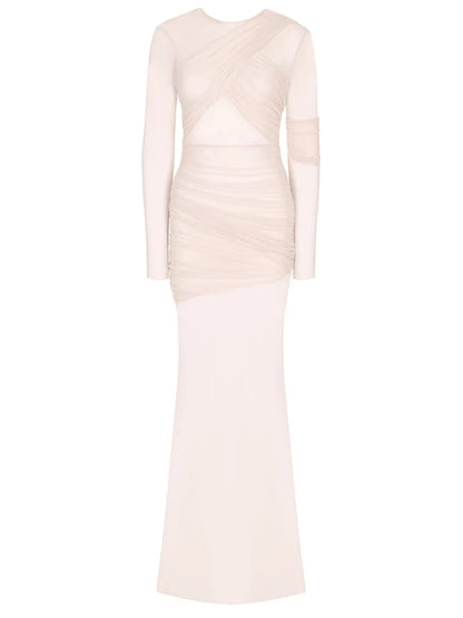 Mesh Patchwork Dress - Elegant Bodycon Evening Gown With Long Sleeves & Double Layer Design - ZOOMNSTORE