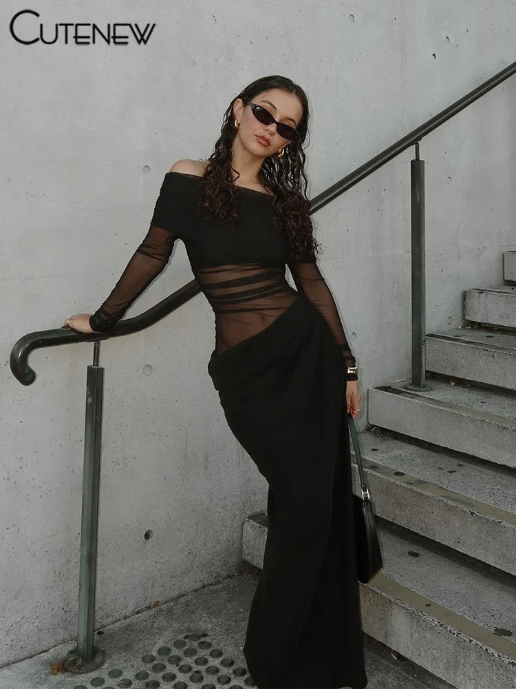 Mesh Ruched Maxi Dress - Sexy Sheath Off Shoulder Ankle Length Party Dress - ZOOMNSTORE