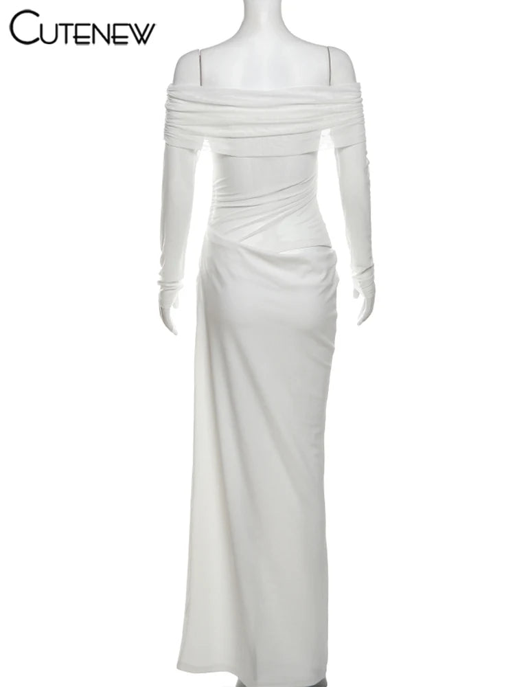 Mesh Ruched Maxi Dress - Sexy Sheath Off Shoulder Ankle Length Party Dress - ZOOMNSTORE