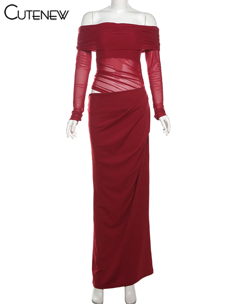 Mesh Ruched Maxi Dress - Sexy Sheath Off Shoulder Ankle Length Party Dress - ZOOMNSTORE
