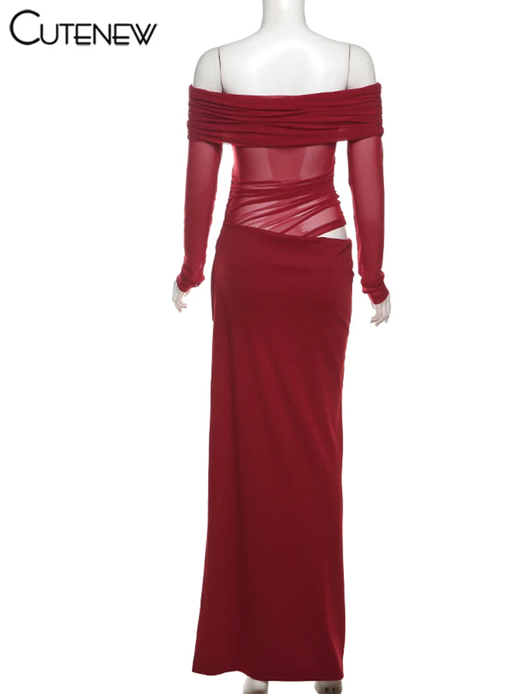 Mesh Ruched Maxi Dress - Sexy Sheath Off Shoulder Ankle Length Party Dress - ZOOMNSTORE