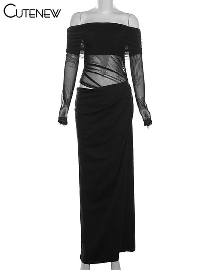 Mesh Ruched Maxi Dress - Sexy Sheath Off Shoulder Ankle Length Party Dress - ZOOMNSTORE