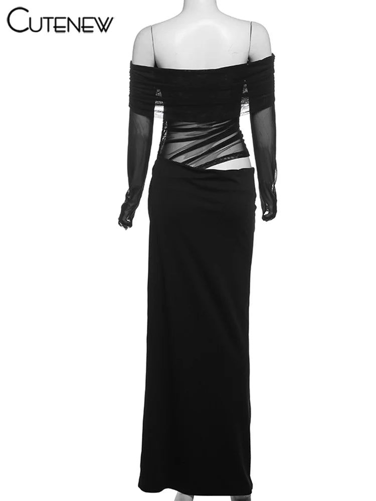 Mesh Ruched Maxi Dress - Sexy Sheath Off Shoulder Ankle Length Party Dress - ZOOMNSTORE