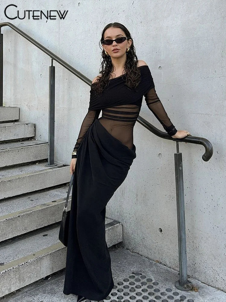 Mesh Ruched Maxi Dress - Sexy Sheath Off Shoulder Ankle Length Party Dress - ZOOMNSTORE