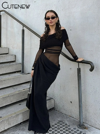 Mesh Ruched Maxi Dress - Sexy Sheath Off Shoulder Ankle Length Party Dress - ZOOMNSTORE