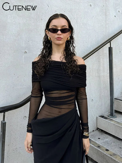 Mesh Ruched Maxi Dress - Sexy Sheath Off Shoulder Ankle Length Party Dress - ZOOMNSTORE