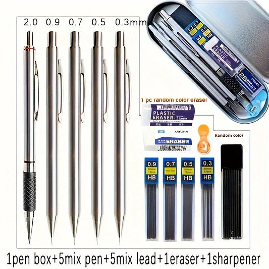 12pcs/box Metal Mechanical Pencil With Pen Box Lead Eraser Color Pencil Sharpener Set 0.3 0.5 0.7 0.9 1.3 2.0mm Art Sketch - ZOOMNSTORE