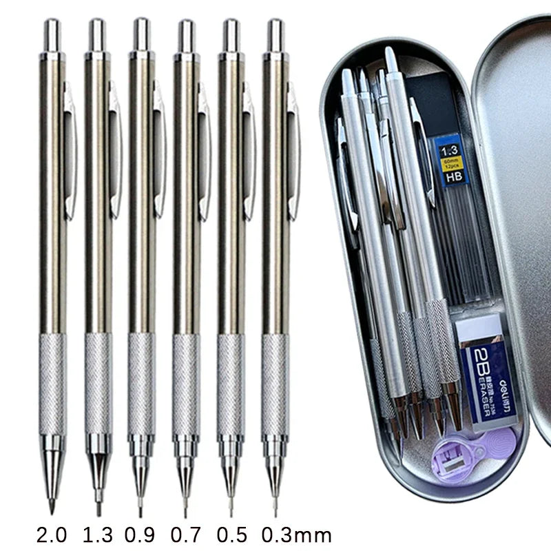 6pcs Metal Mechanical Pencil with Pen Box Lead Eraser Pencil Sharpener Set 0.3 0.5 0.7 0.9 1.3 2.0mm Art Sketch Automatic Pencil - ZOOMNSTORE