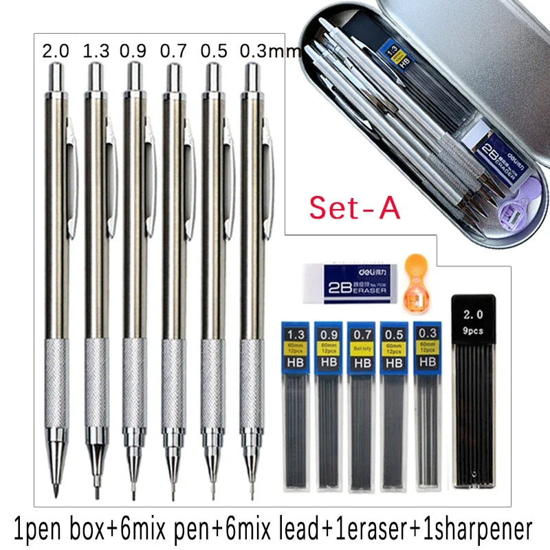 6pcs Metal Mechanical Pencil with Pen Box Lead Eraser Pencil Sharpener Set 0.3 0.5 0.7 0.9 1.3 2.0mm Art Sketch Automatic Pencil - ZOOMNSTORE