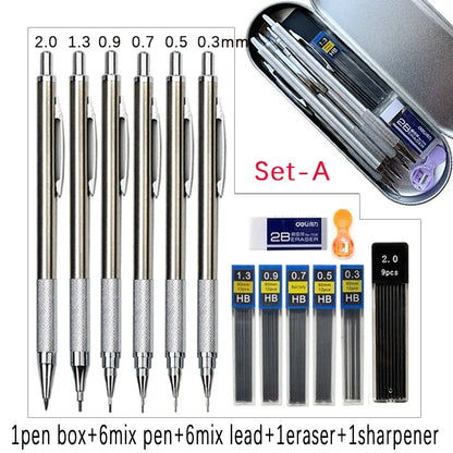 6pcs Metal Mechanical Pencil with Pen Box Lead Eraser Pencil Sharpener Set 0.3 0.5 0.7 0.9 1.3 2.0mm Art Sketch Automatic Pencil - ZOOMNSTORE