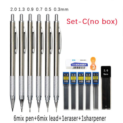 6pcs Metal Mechanical Pencil with Pen Box Lead Eraser Pencil Sharpener Set 0.3 0.5 0.7 0.9 1.3 2.0mm Art Sketch Automatic Pencil - ZOOMNSTORE