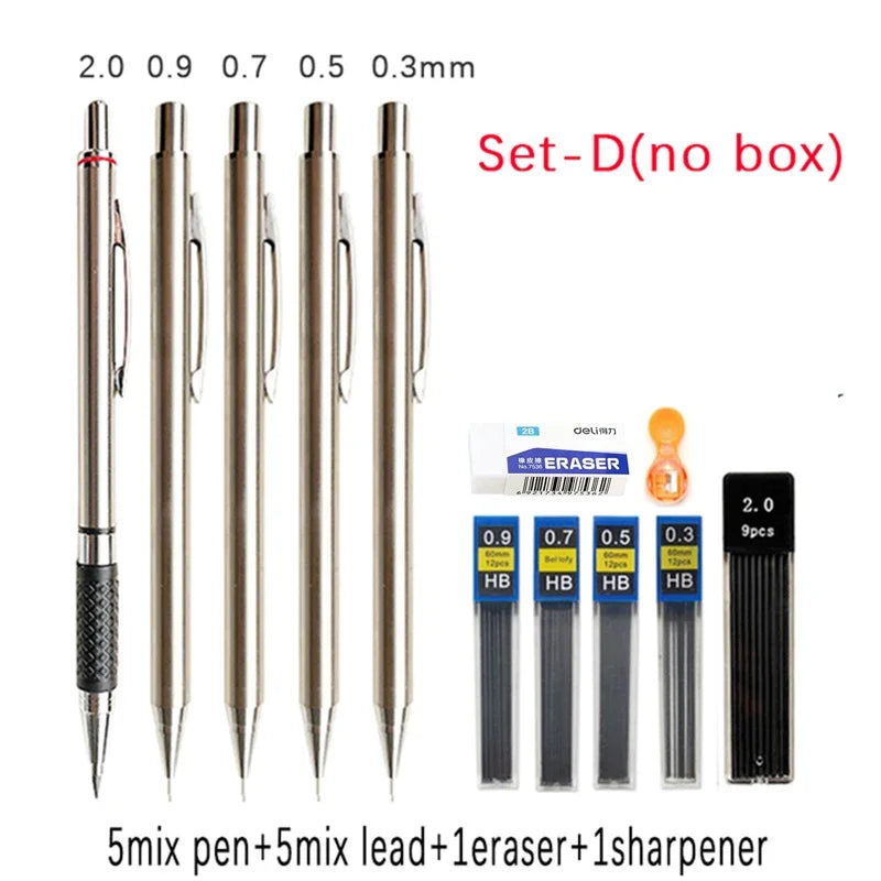 6pcs Metal Mechanical Pencil with Pen Box Lead Eraser Pencil Sharpener Set 0.3 0.5 0.7 0.9 1.3 2.0mm Art Sketch Automatic Pencil - ZOOMNSTORE