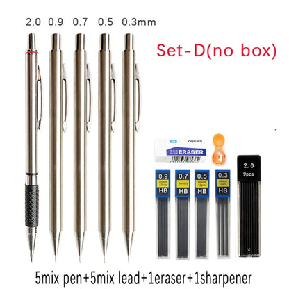 6pcs Metal Mechanical Pencil with Pen Box Lead Eraser Pencil Sharpener Set 0.3 0.5 0.7 0.9 1.3 2.0mm Art Sketch Automatic Pencil - ZOOMNSTORE