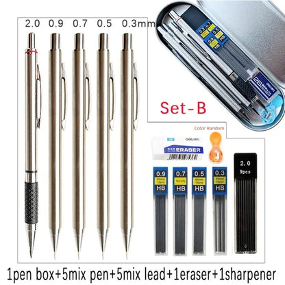 Metal Mechanical Pencil Set with Pen Box Lead Eraser Pencil Sharpener Set 0.3 0.5 0.7 0.9 1.3 2.0mm Art Sketch Automatic Pencil - ZOOMNSTORE