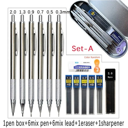 Metal Mechanical Pencil Set with Pen Box Lead Eraser Pencil Sharpener Set 0.3 0.5 0.7 0.9 1.3 2.0mm Art Sketch Automatic Pencil - ZOOMNSTORE