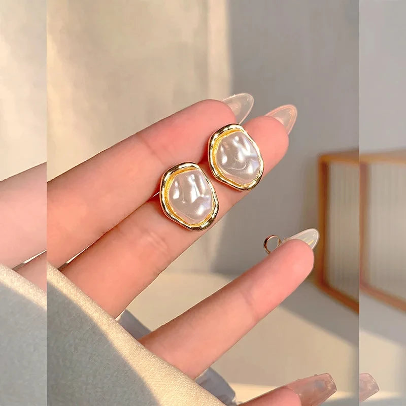 Metal Pearl Earrings - Geometric Irregular Round Studs for Women | Trendy 2024 Jewelry Gift - ZOOMNSTORE