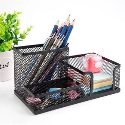 Metal Pen Holder - Black Mesh Desk Organizer with 3/4 Grid Storage Box - ZOOMNSTORE