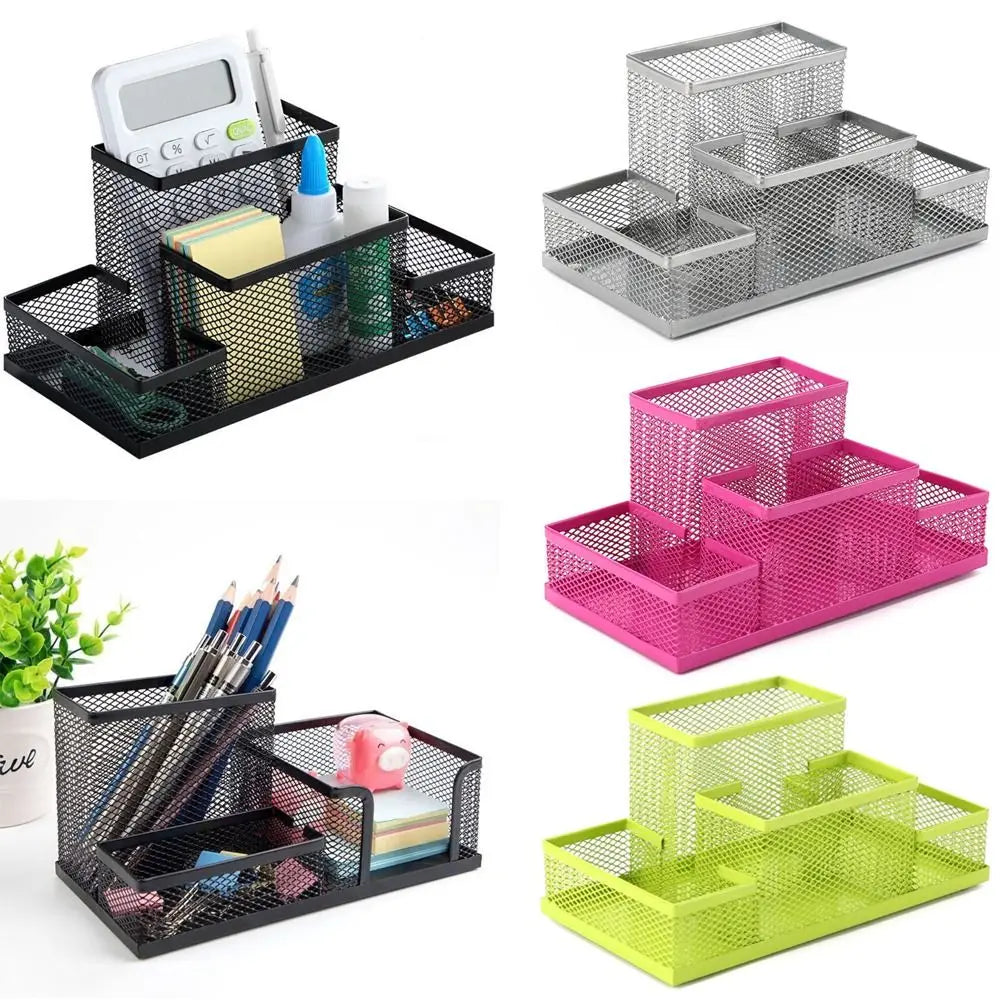 Metal Pen Holder - Black Mesh Desk Organizer with 3/4 Grid Storage Box - ZOOMNSTORE