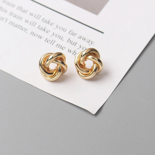 Metal Stud Earrings - Gold Twist Round Small Unusual Push-Back Studs for Women - ZOOMNSTORE