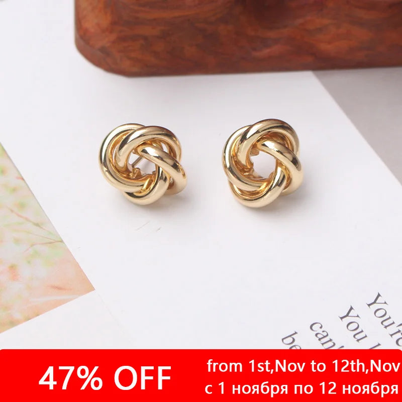 Metal Stud Earrings - Gold Twist Round Small Unusual Push-Back Studs for Women - ZOOMNSTORE