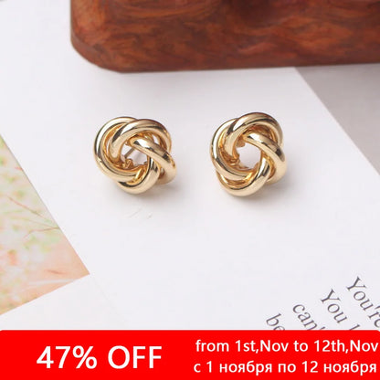 Metal Stud Earrings - Gold Twist Round Small Unusual Push-Back Studs for Women - ZOOMNSTORE