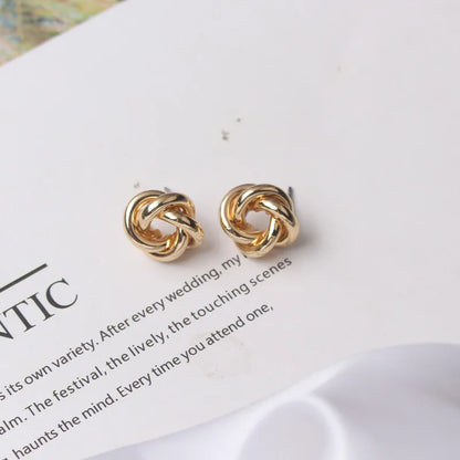 Metal Stud Earrings - Gold Twist Round Small Unusual Push-Back Studs for Women - ZOOMNSTORE