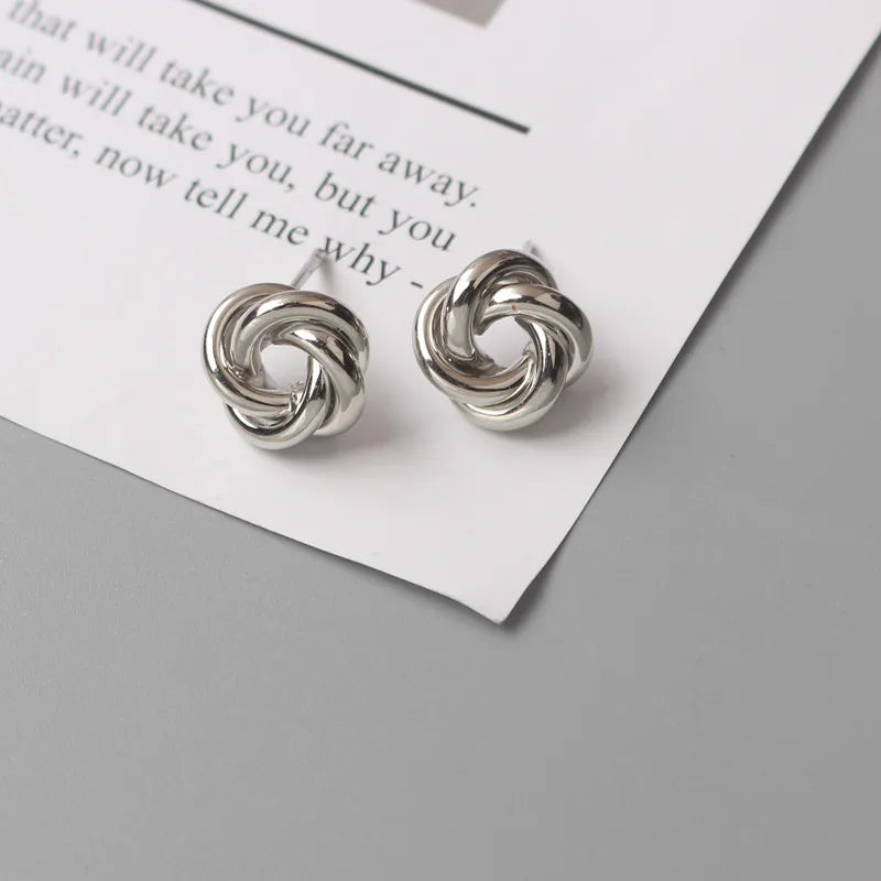 Metal Stud Earrings - Gold Twist Round Small Unusual Push-Back Studs for Women - ZOOMNSTORE