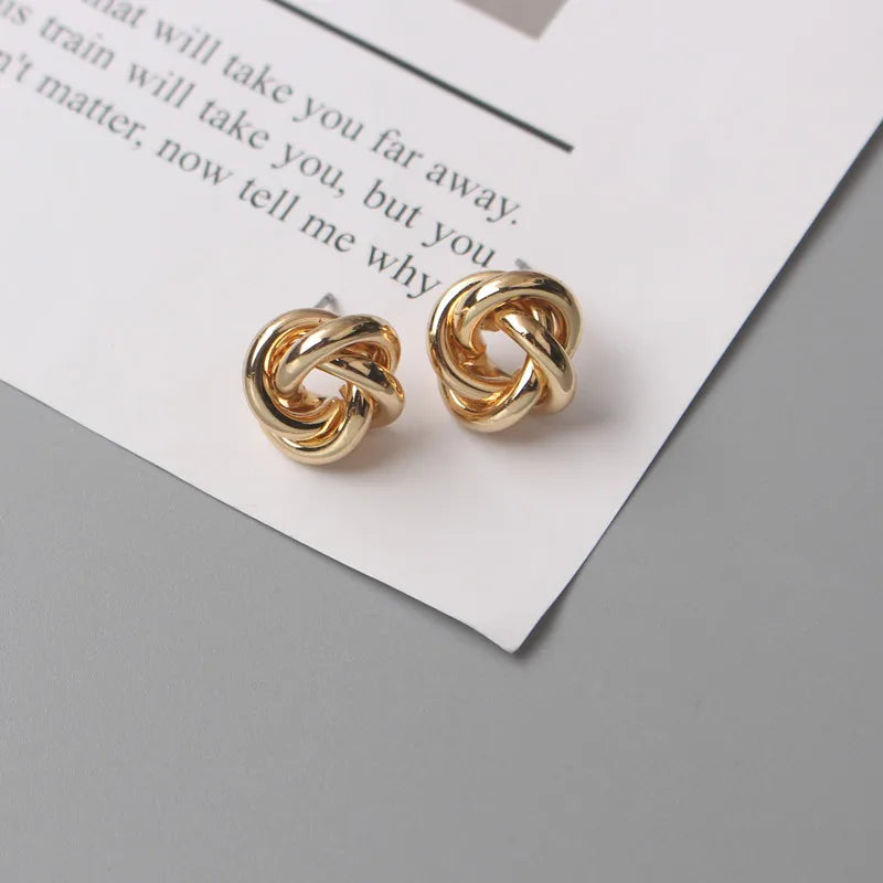Metal Stud Earrings - Gold Twist Round Small Unusual Push-Back Studs for Women - ZOOMNSTORE