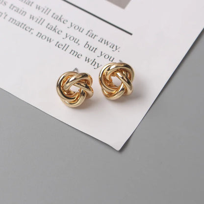 Metal Stud Earrings - Gold Twist Round Small Unusual Push-Back Studs for Women - ZOOMNSTORE