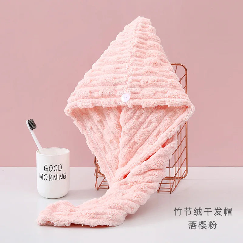 1Pcs Microfiber Quick-dry Hair Towel Cap with Button Super Absorption Bath Hat Fast Drying Hair Drying Wrap Hat Towel for Women - ZOOMNSTORE