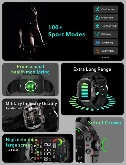 Mens Military Smartwatch - IP68 Waterproof Fitness Tracker with BT Call Health Monitor 196 Display - ZOOMNSTORE