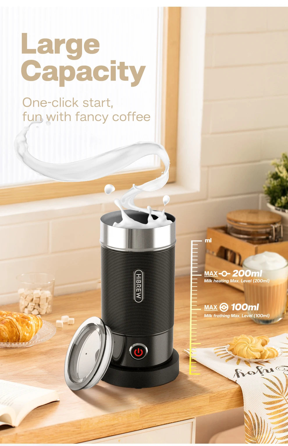 HiBREW Automatic Milk Frother  Warmer - ColdHot Latte  Cappuccino Mixer - ZOOMNSTORE