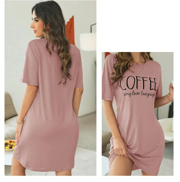 Womens Cartoon Print Milk Silk Nightgown - Casual Short Sleeve Summer Sleepdress - ZOOMNSTORE